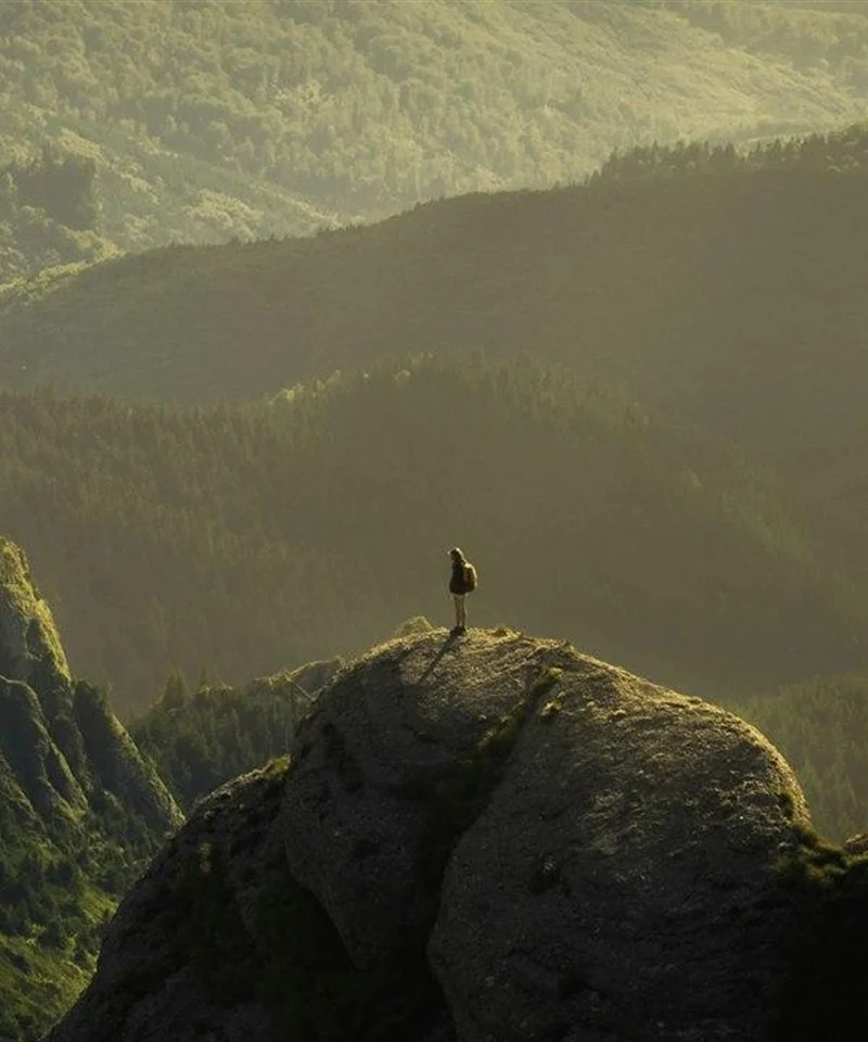 A lone figure standing on a rocky peak above a forested mountain valley